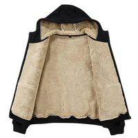 Schwarze Fleecejacke mit Kapuze, beige Innenfutter, warm, Wintermode, Unisex.