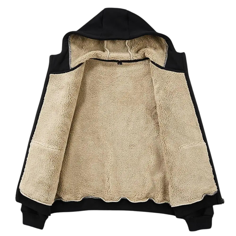 Schwarze Fleecejacke mit Kapuze, beige Innenfutter, warm, Wintermode, Unisex.