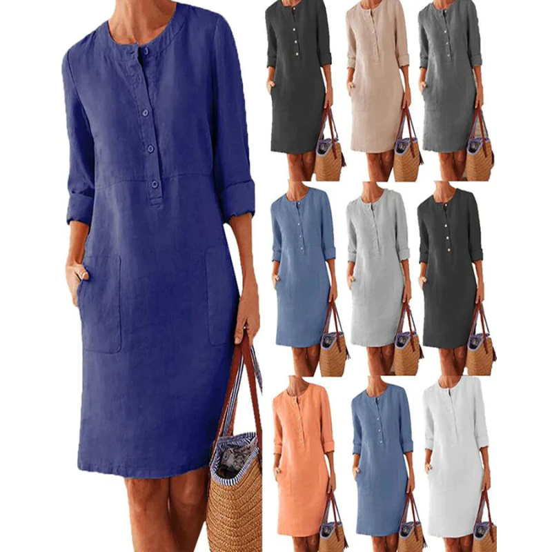 Herbstliches stilvolles Damen Freizeitkleid mit Taschen & Rundhalsausschnitt – Niva