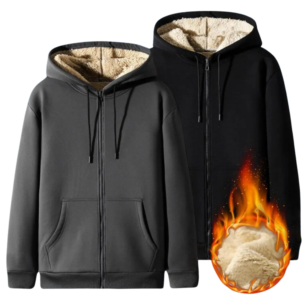 Schwarze Fleece-Hoodie mit Reißverschluss, warm, flauschig, Wintermode, Herrenbekleidung.
