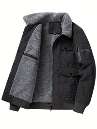 Schwarze Cordjacke mit grauem Fleecefutter, Herrenmode, warm, stilvoll, Winterbekleidung.