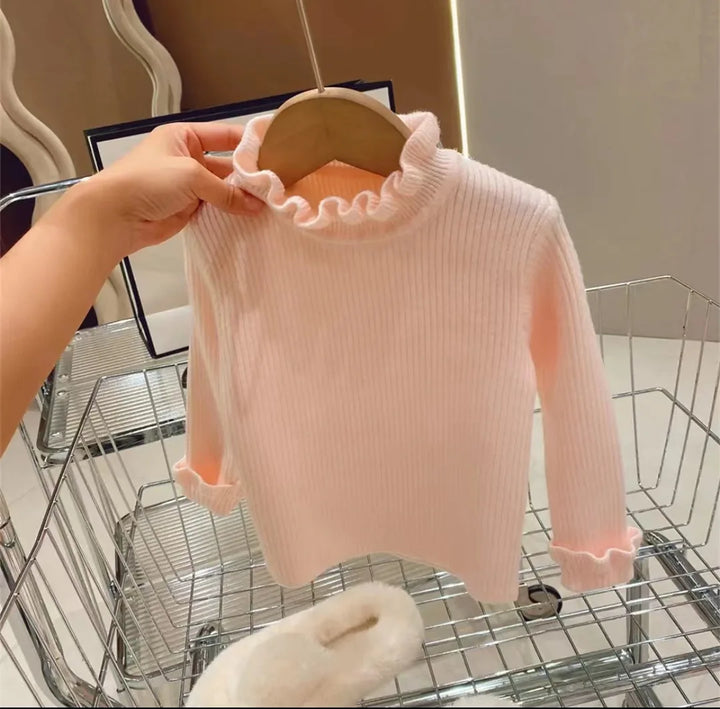 Rosa gerippter Pullover für Kinder, Rüschenkragen, Langarm, weiches Material, modisch.