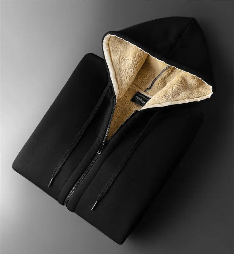 Schwarzer Hoodie mit Reißverschluss, beige Fleece-Innenfutter, Kapuze, Unisex, Wintermode.