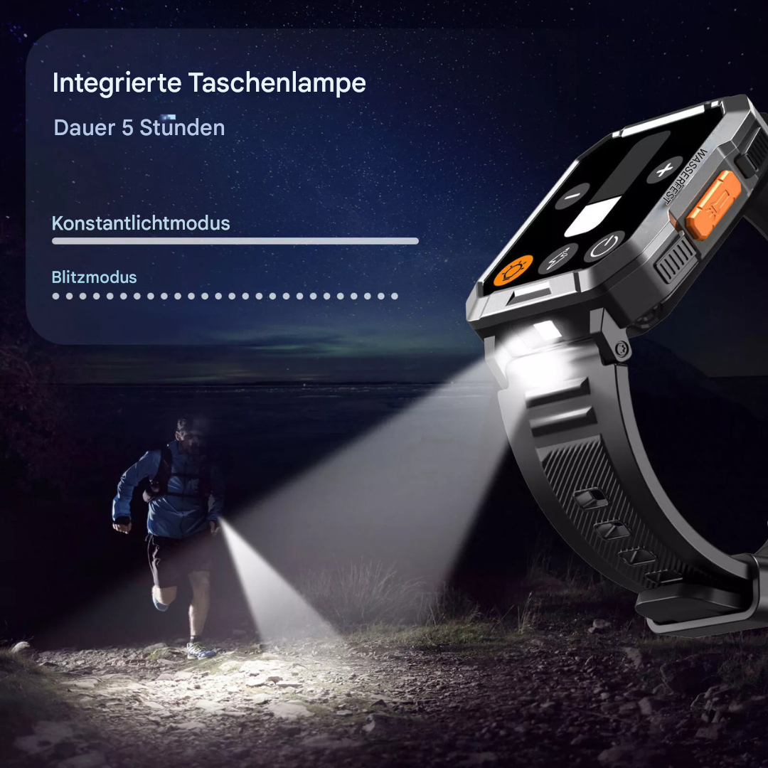 Smartwatch mit integrierter Taschenlampe, Schwarz, 5 Stunden Laufzeit, Blitzmodus.