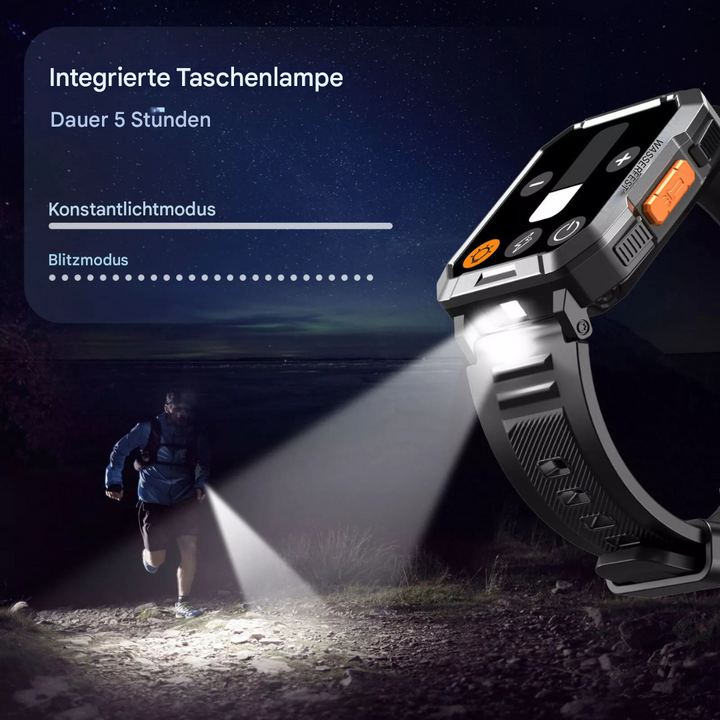Smartwatch mit integrierter Taschenlampe, Schwarz, 5 Stunden Laufzeit, Blitzmodus.