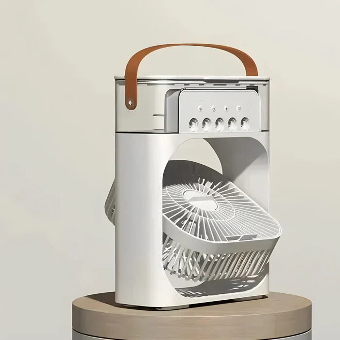 Tragbarer weißer Luftkühler mit Ventilator und braunem Griff, ideal für Sommerabkühlung.