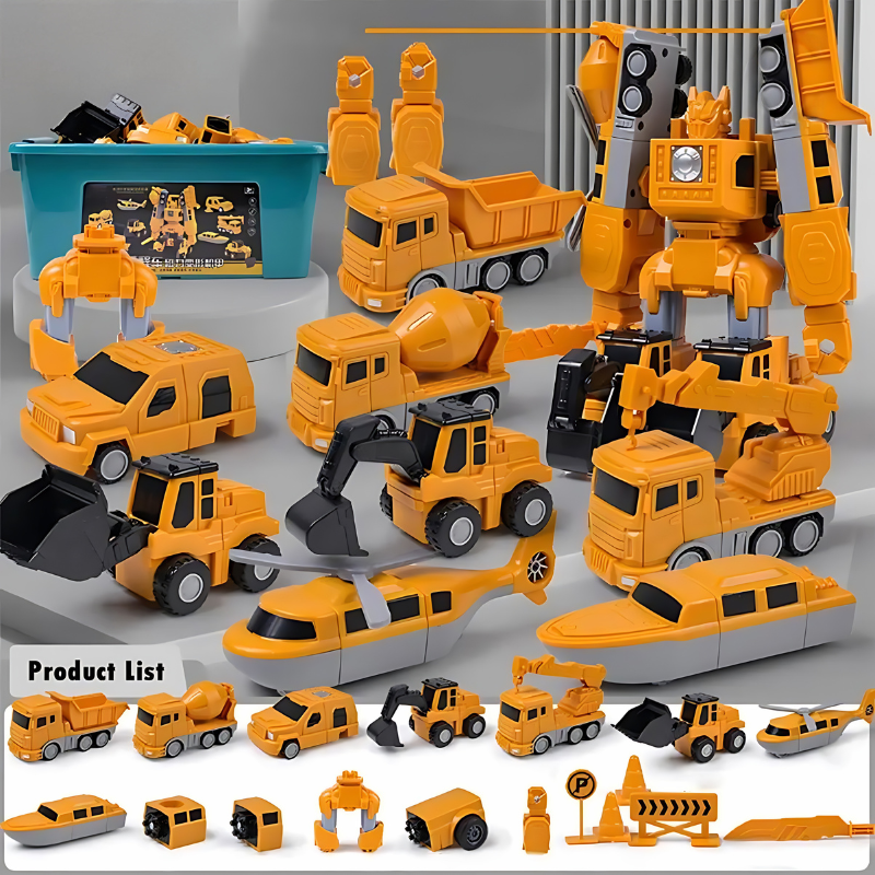 Orange Baufahrzeug-Spielzeugset für Kinder, inklusive LKW, Bagger, Hubschrauber, aus Kunststoff.