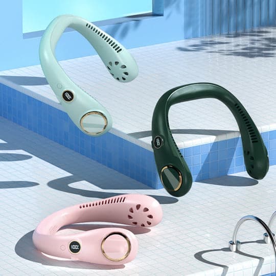 Tragbarer Nackenventilator in Mint, Grün und Rosa, kabellos, wiederaufladbar, Sommerzubehör.