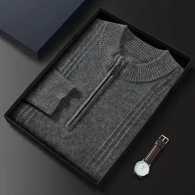 Grauer Herrenpullover mit Reißverschluss, Strick, Geschenkbox, elegant, warm, modisch.