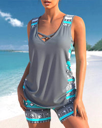 Trendige Bademode mit V-Ausschnitt & geometrischem Muster – Tankini-Set Madonna