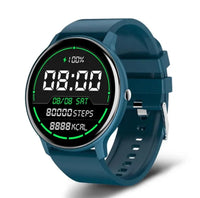 Blaue Smartwatch mit rundem Display, Fitness-Tracker, Schrittzähler, Kalorienanzeige.