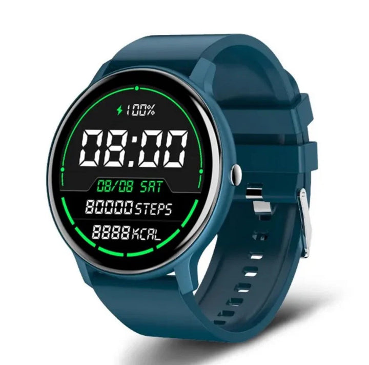 Blaue Smartwatch mit rundem Display, Fitness-Tracker, Schrittzähler, Kalorienanzeige.