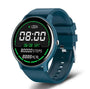 Blaue Smartwatch mit rundem Display, Fitness-Tracker, Schrittzähler, Kalorienanzeige.