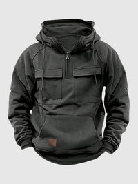 Schwarzer taktischer Hoodie mit Kapuze, Reißverschluss und Taschen, Herrenmode, Baumwolle.