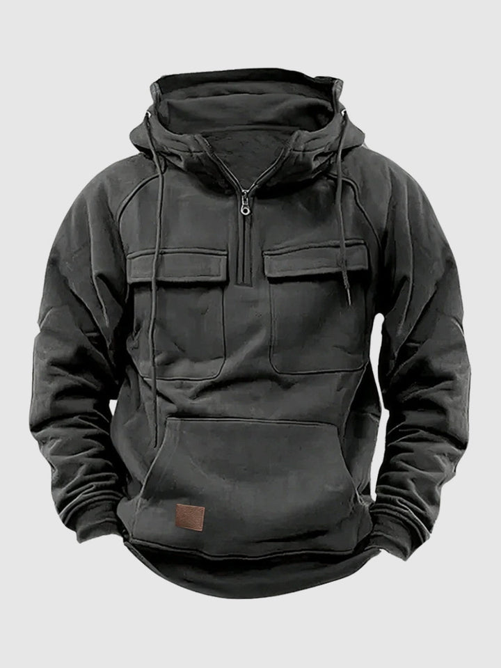 Schwarzer taktischer Hoodie mit Kapuze, Reißverschluss und Taschen, Herrenmode, Baumwolle.