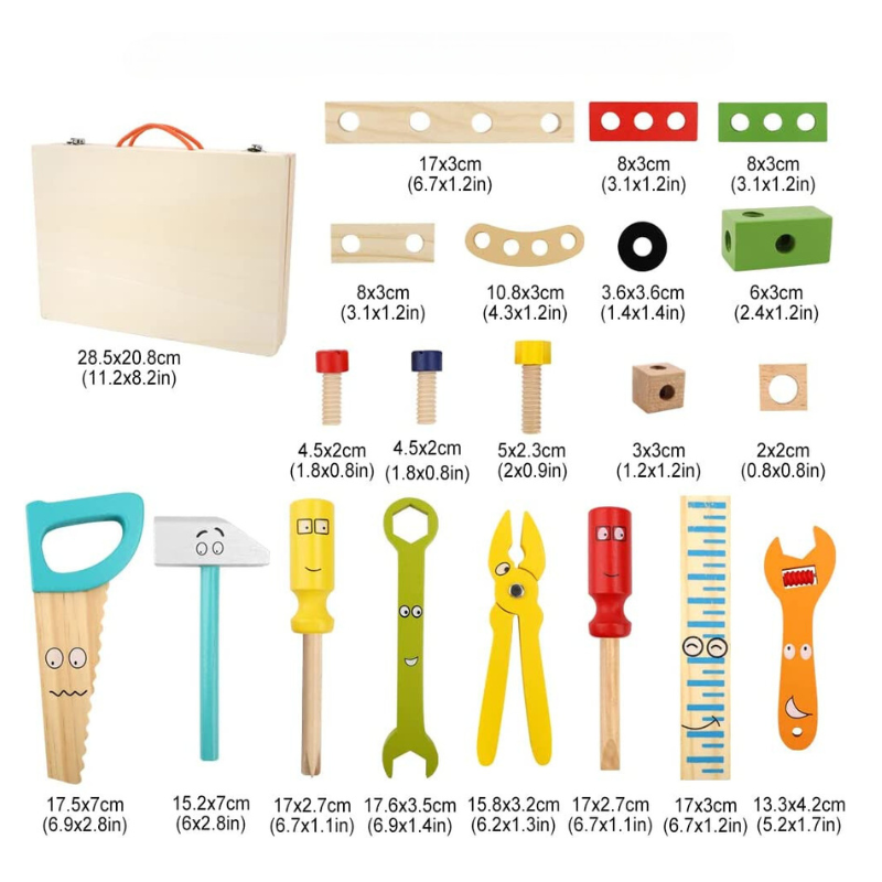 Holzspielzeug-Werkzeugset für Kinder, bunte Werkzeuge, Lernspielzeug, 18-teilig.