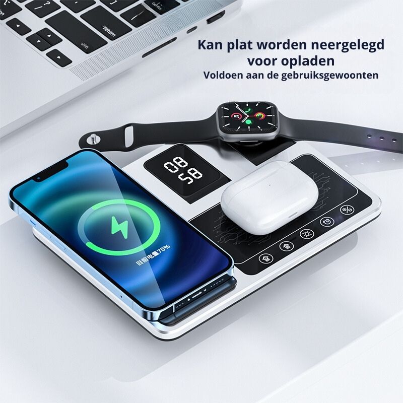 Kabelloses Ladegerät für Smartphone, Smartwatch und Kopfhörer, schwarz-weiß, modernes Design.