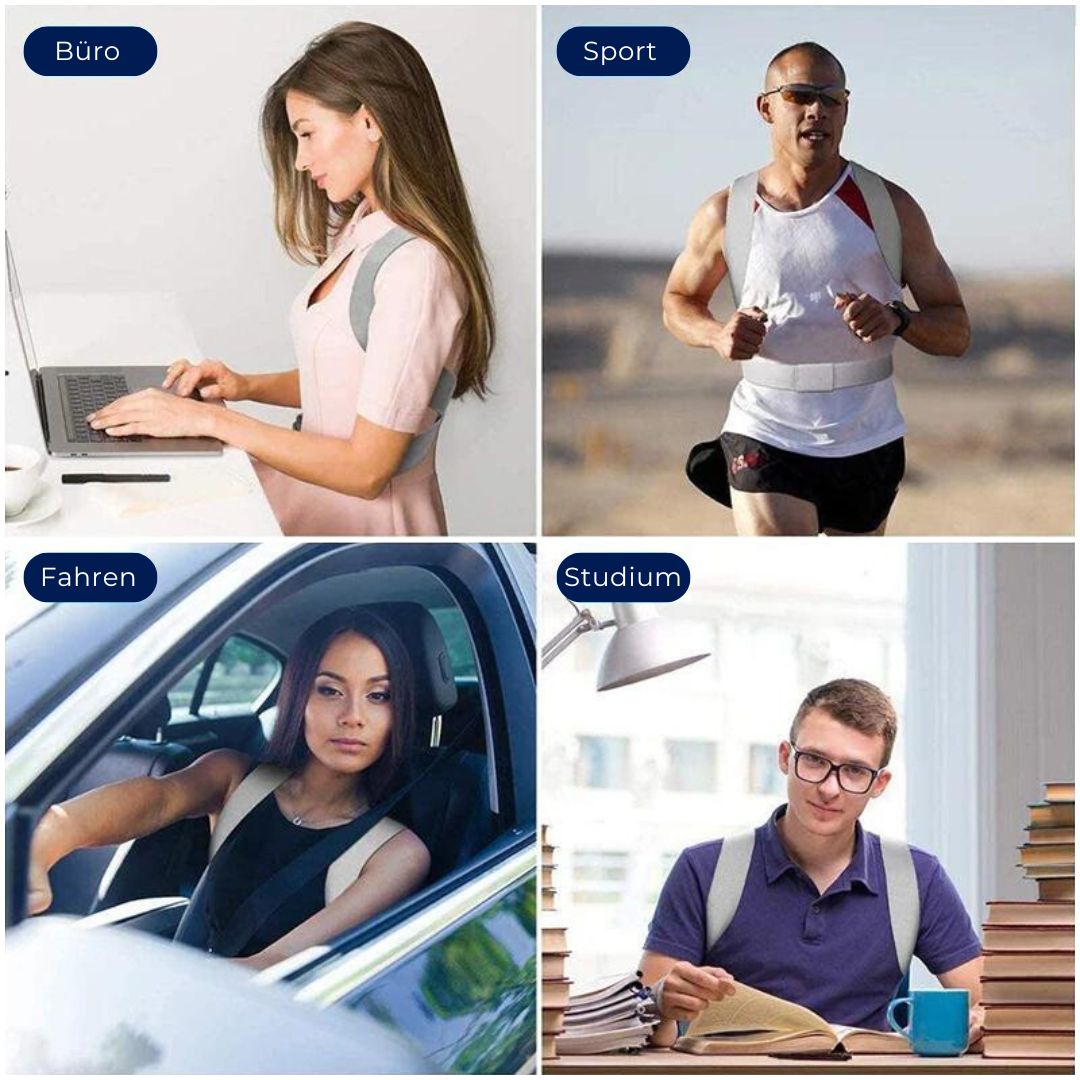 Vier Personen mit Haltungskorrekturbandagen bei Büroarbeit, Sport, Fahren und Studium.