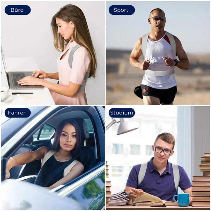 Vier Personen mit Haltungskorrekturbandagen bei Büroarbeit, Sport, Fahren und Studium.