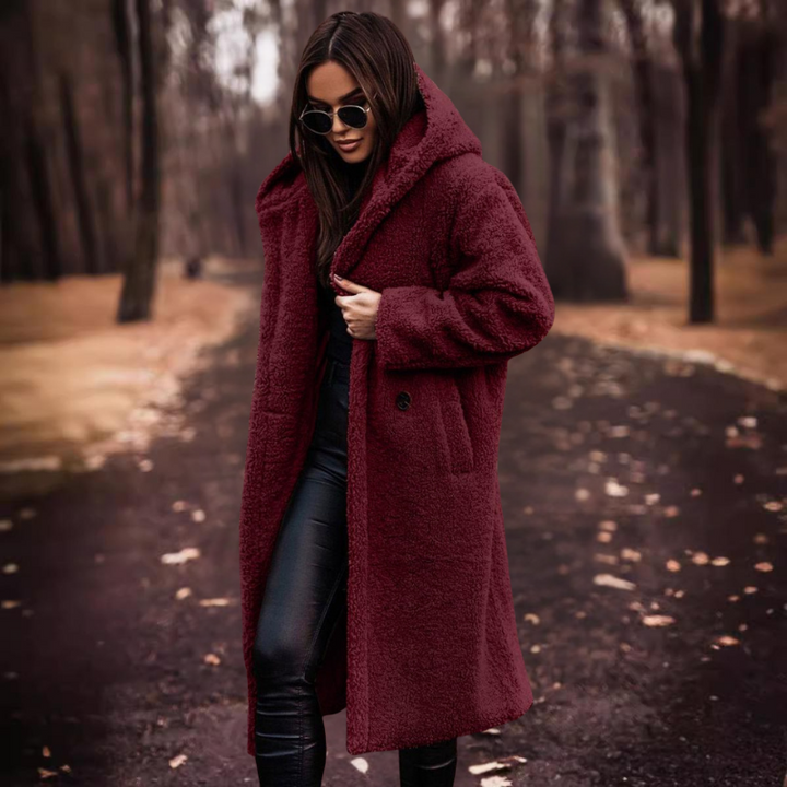 Langer Damen Teddy Mantel mit Kapuze – Maren
