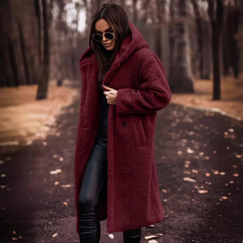 Langer Damen Teddy Mantel mit Kapuze – Maren