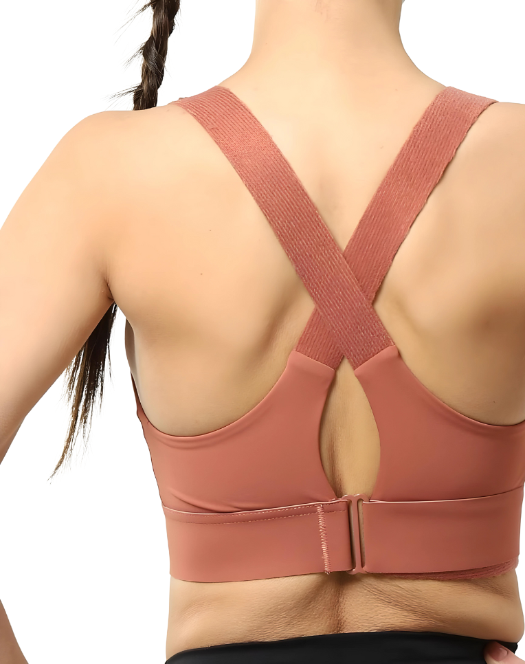 Rosa Sport-BH mit überkreuzten Trägern, nahtlos, Damen-Fitnessbekleidung, Rückansicht.