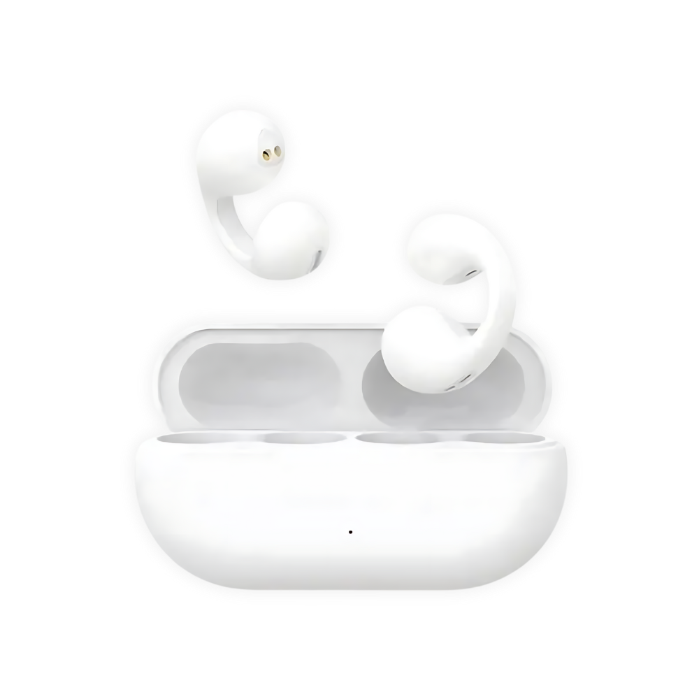 Weiße kabellose In-Ear-Kopfhörer mit Ladeetui, Bluetooth, ergonomisches Design.
