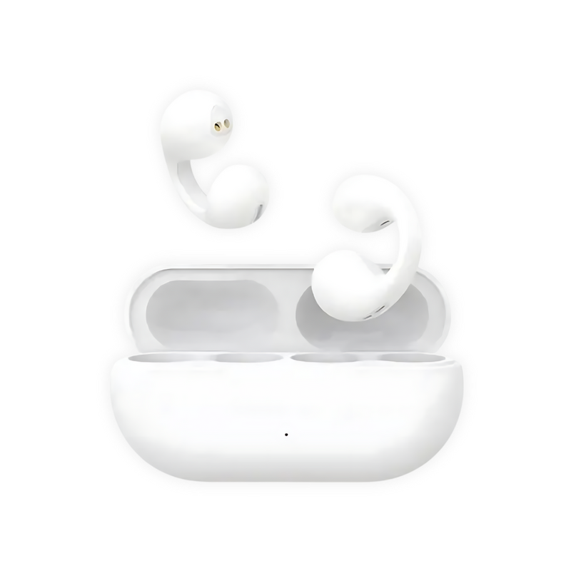 Weiße kabellose In-Ear-Kopfhörer mit Ladeetui, Bluetooth, ergonomisches Design.