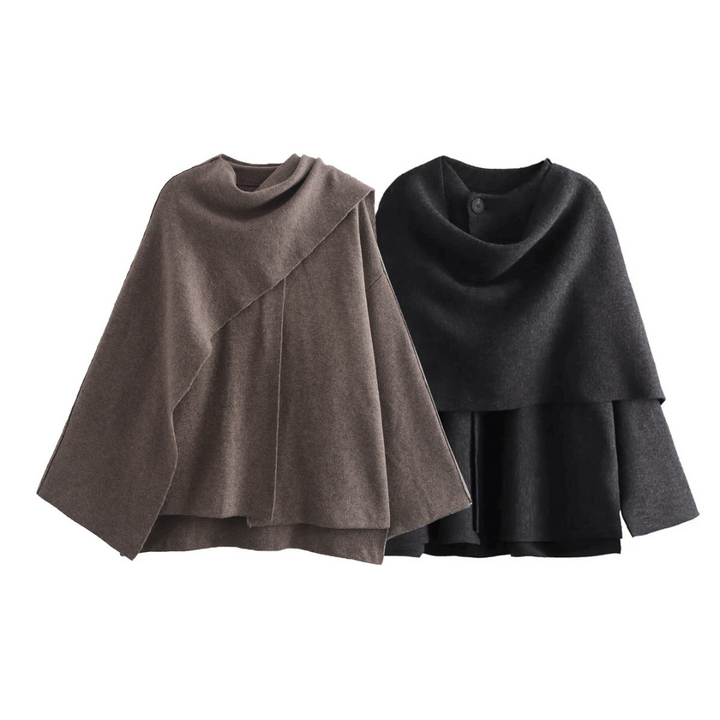 Zwei Damenponchos aus Wolle, braun und schwarz, elegant, Herbstmode, warm und stilvoll.