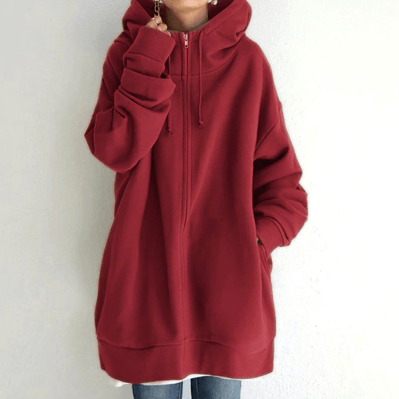 Roter Oversize-Hoodie für Damen, langärmelig, mit Reißverschluss, lässiger Stil.