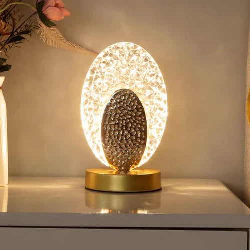 Moderne LED-Tischlampe, oval, gold, Kristall-Design, dekorative Beleuchtung, Wohnzimmer.