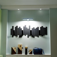 Moderne Wanddekoration aus Holz in Schwarz, geometrisches Design, beleuchtet, Wohnzimmer-Dekor.