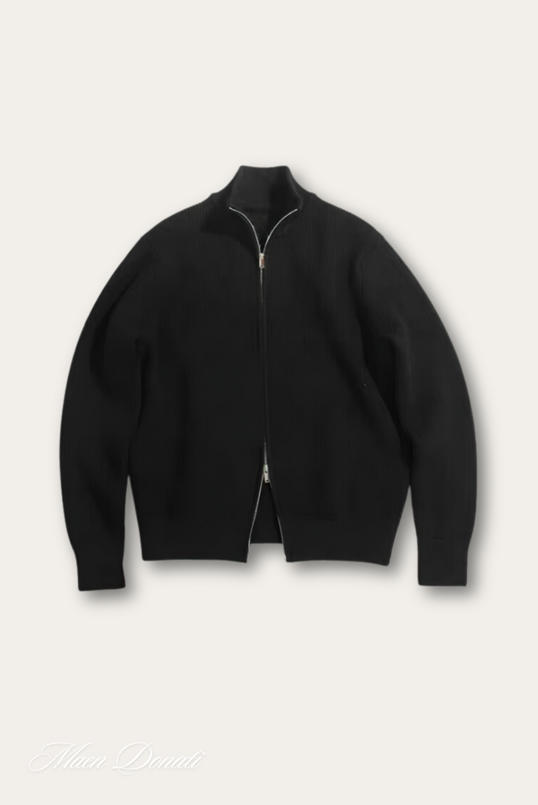 Schwarze Strickjacke mit Reißverschluss, Herrenmode, elegant, warm, aus Baumwolle.