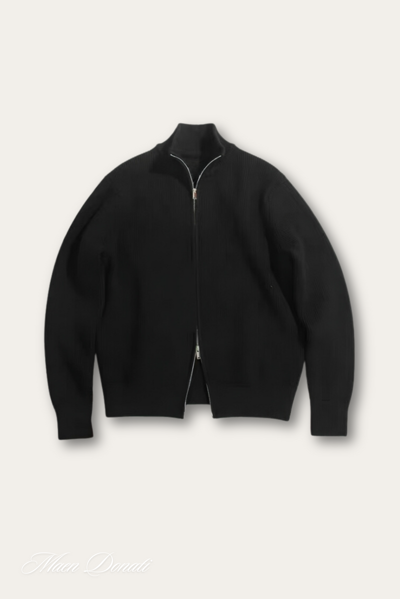 Schwarze Strickjacke mit Reißverschluss, Herrenmode, elegant, warm, aus Baumwolle.