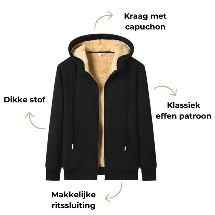 Schwarze Kapuzenjacke mit Fleece-Futter, dickem Stoff, Reißverschluss, klassisches Design.