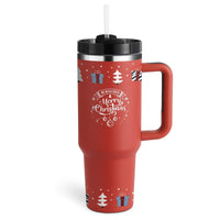 Roter Weihnachtsbecher mit Henkel, Strohhalm, Geschenk- und Baumdesign,  Edelstahl, 1 Liter.