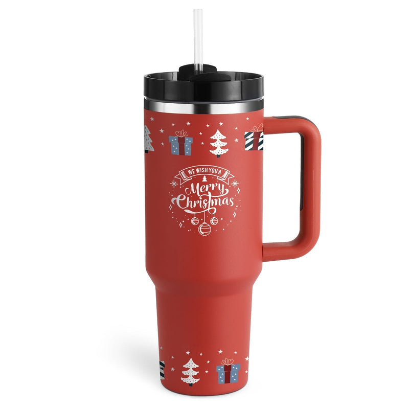 Roter Weihnachtsbecher mit Henkel, Strohhalm, Geschenk- und Baumdesign,  Edelstahl, 1 Liter.