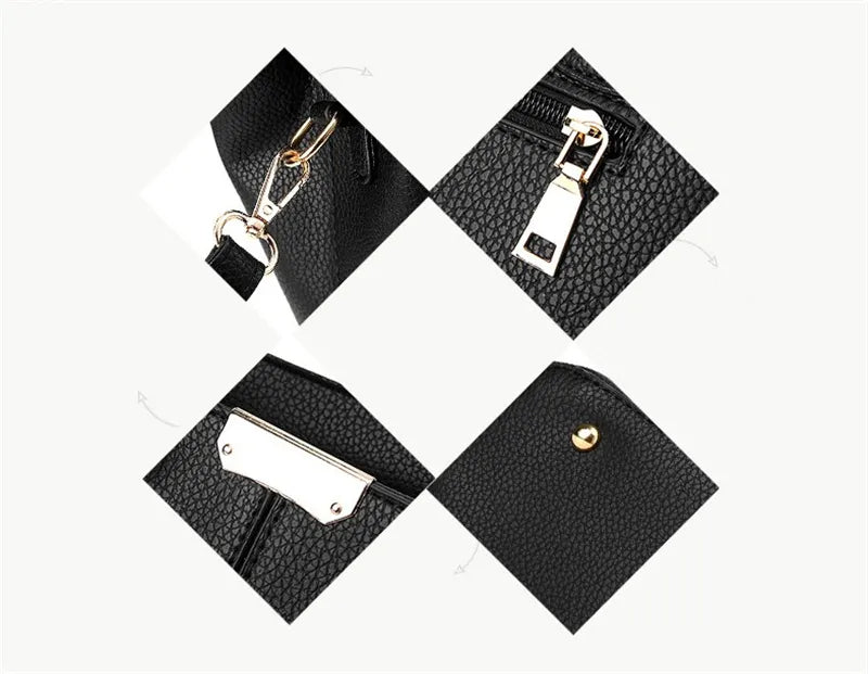 Schwarze Lederhandtasche Details, Reißverschluss, goldene Schnalle, elegantes Design.