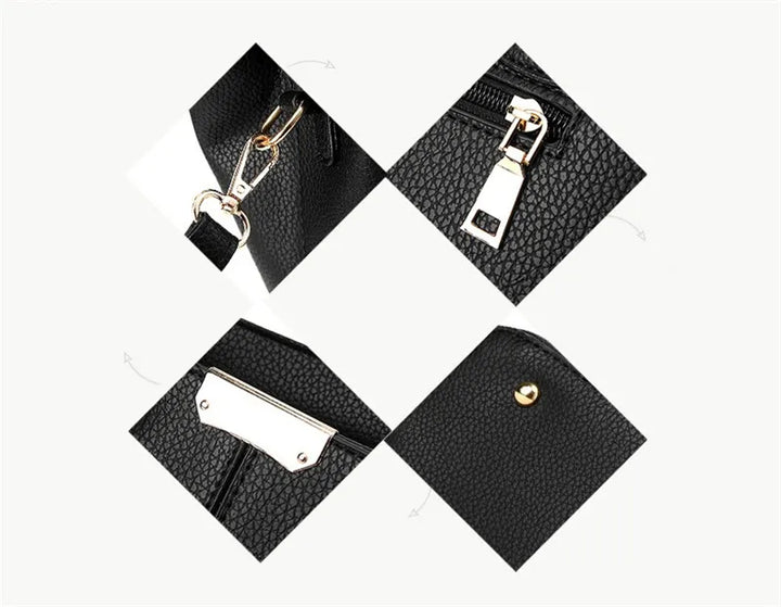 Schwarze Lederhandtasche Details, Reißverschluss, goldene Schnalle, elegantes Design.