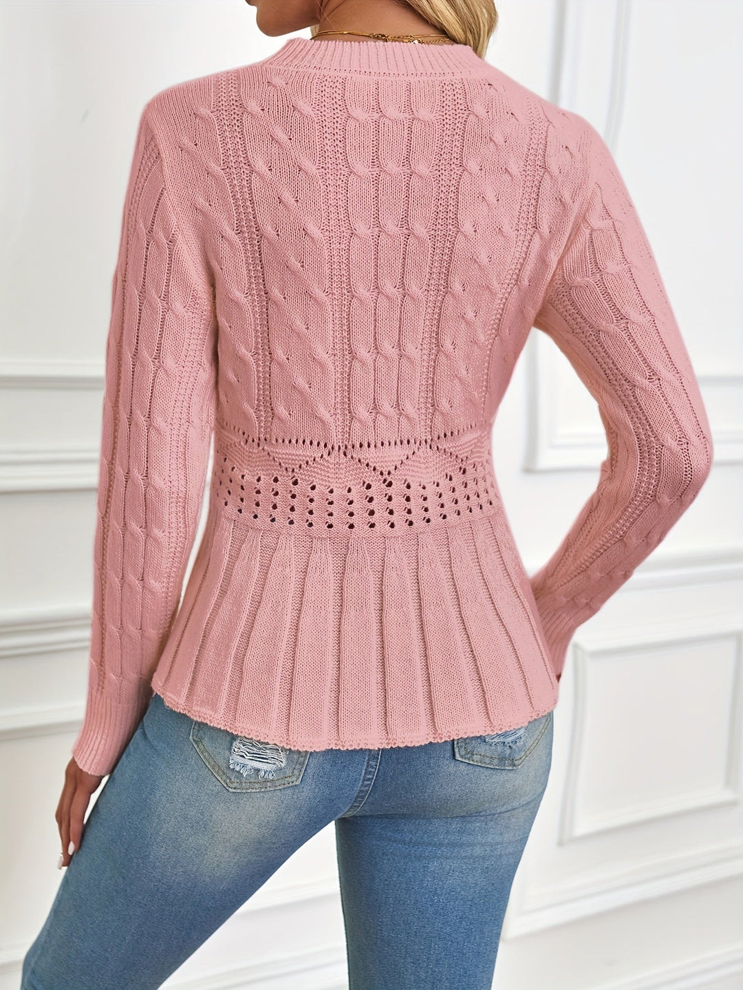 Damen Strickjacke rosa, Zopfmuster, tailliert, langärmelig, modisch, elegant, Freizeitmode.