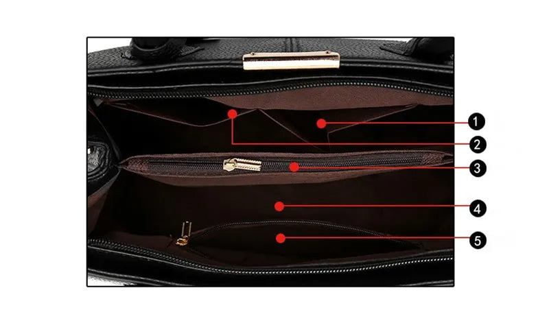 Schwarze Ledertasche mit mehreren Fächern und Reißverschlüssen, Innenansicht, Damenhandtasche.