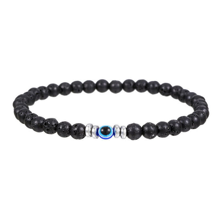 Schwarzes Lavastein-Armband mit blauem Auge, elastisch, für Herren und Damen.