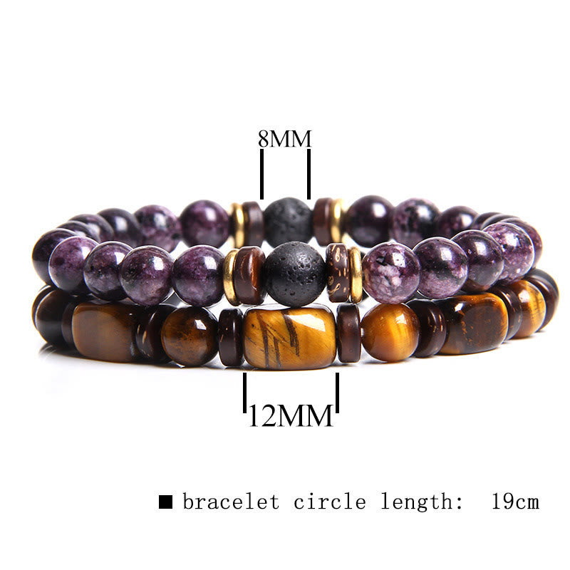 Zwei Armbänder aus Tigerauge und Amethyst, 19 cm, 8mm und 12mm Perlen, Schmuck für Damen und Herren.