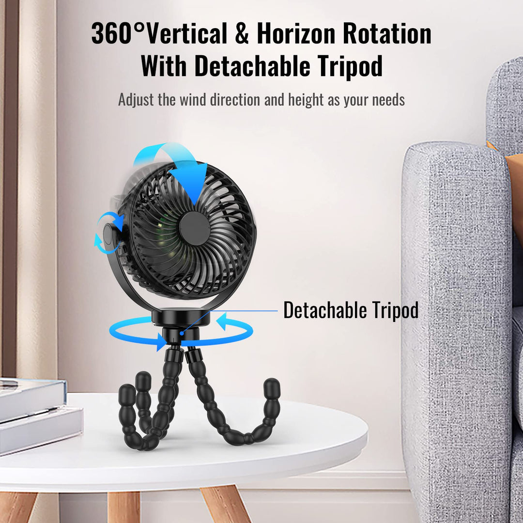 Schwarzer tragbarer Ventilator mit abnehmbarem Stativ, 360° drehbar, Tischventilator.
