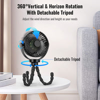 Schwarzer tragbarer Ventilator mit abnehmbarem Stativ, 360° drehbar, Tischventilator.