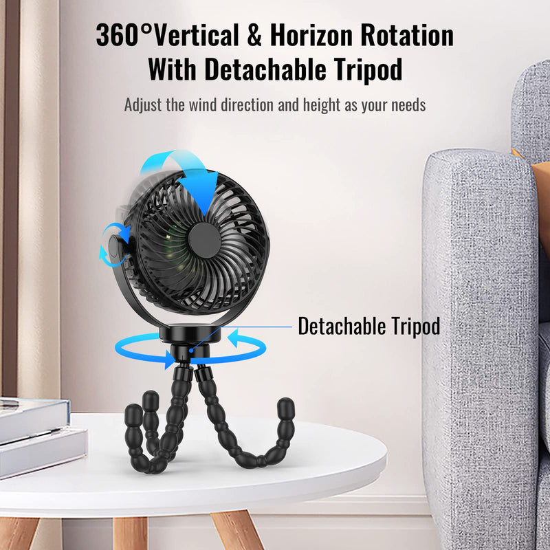 Schwarzer tragbarer Ventilator mit abnehmbarem Stativ, 360° drehbar, Tischventilator.