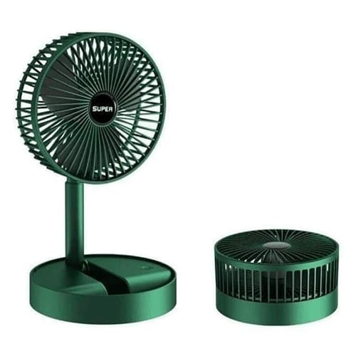Grüner tragbarer Tischventilator, USB-betrieben, kompakt, leise, für Büro und Zuhause.