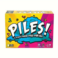 Brettspiel "Piles!" in bunter Verpackung, Kartenspiel für 2-8 Spieler, schnelle Runden.