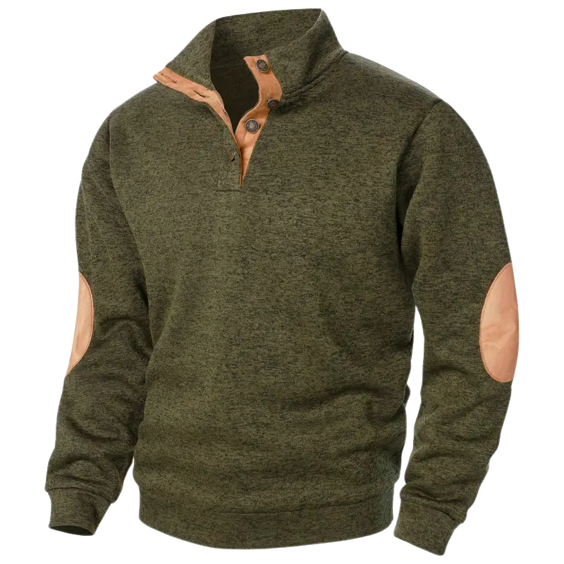 Grüner Herrenpullover mit braunen Ellbogen-Patches, Knopfleiste, Freizeitmode.