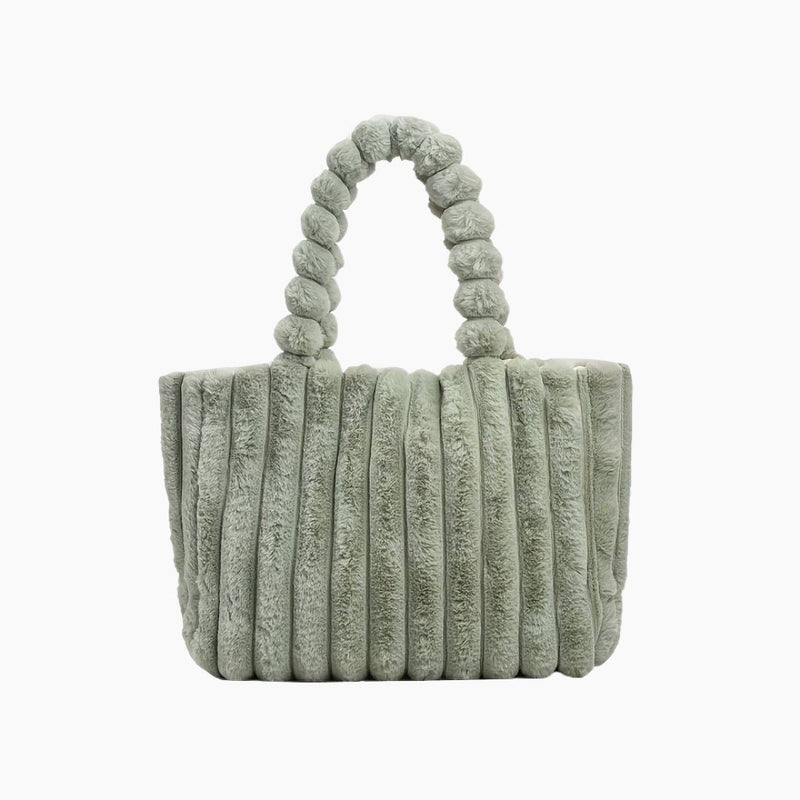 Grüne Plüsch-Handtasche mit gestepptem Design und geflochtenem Griff, modisch und elegant.